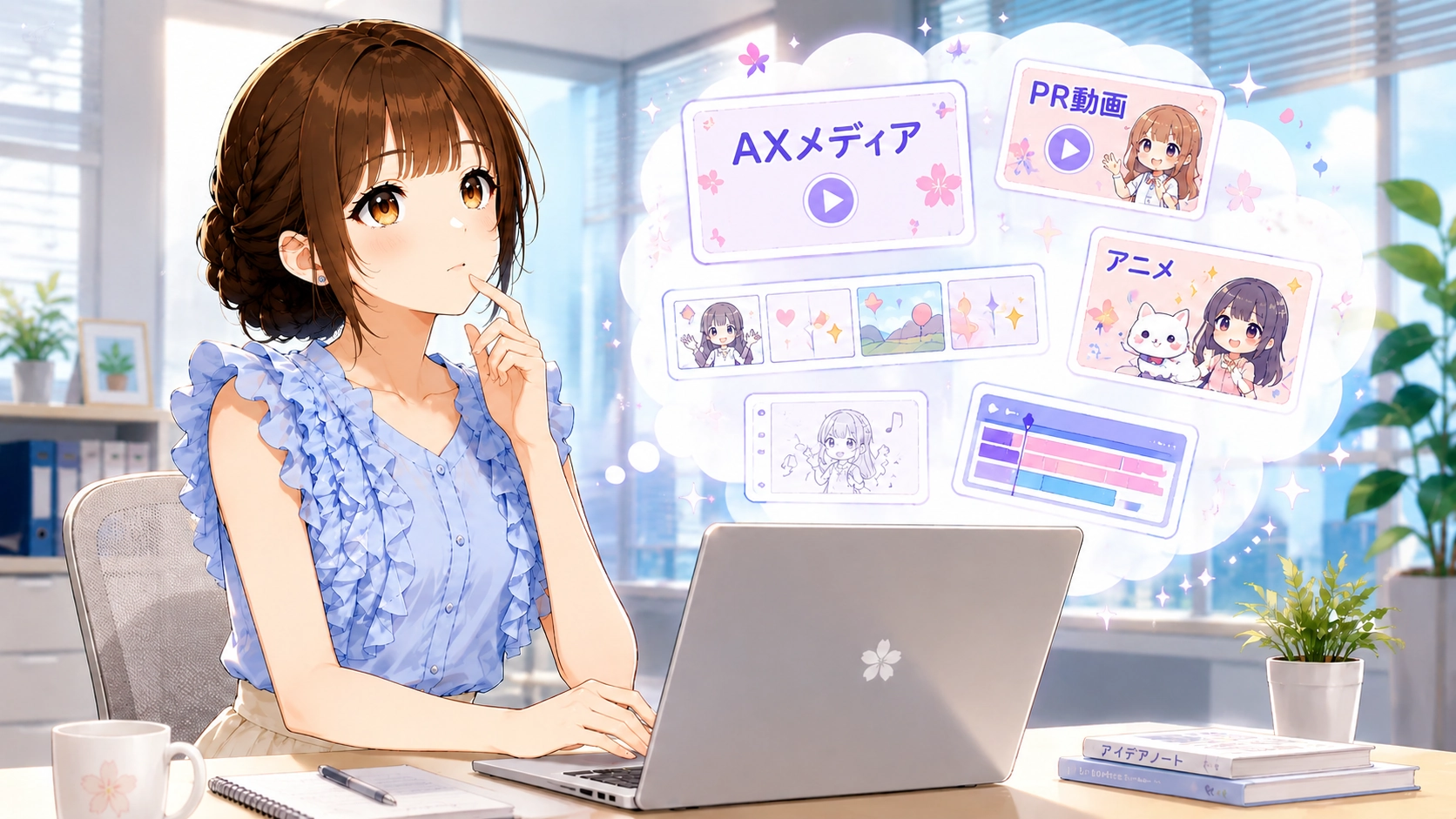 さくらこがパソコンを前に、AXメディアのPR動画やアニメーション制作について考えているイラスト。