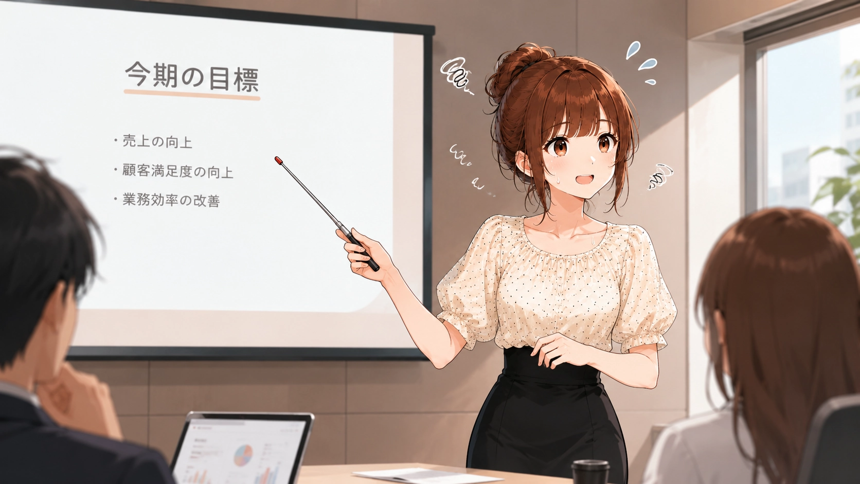 さくらこが会議室で今期の目標について発表しながら、緊張している様子のイラスト。