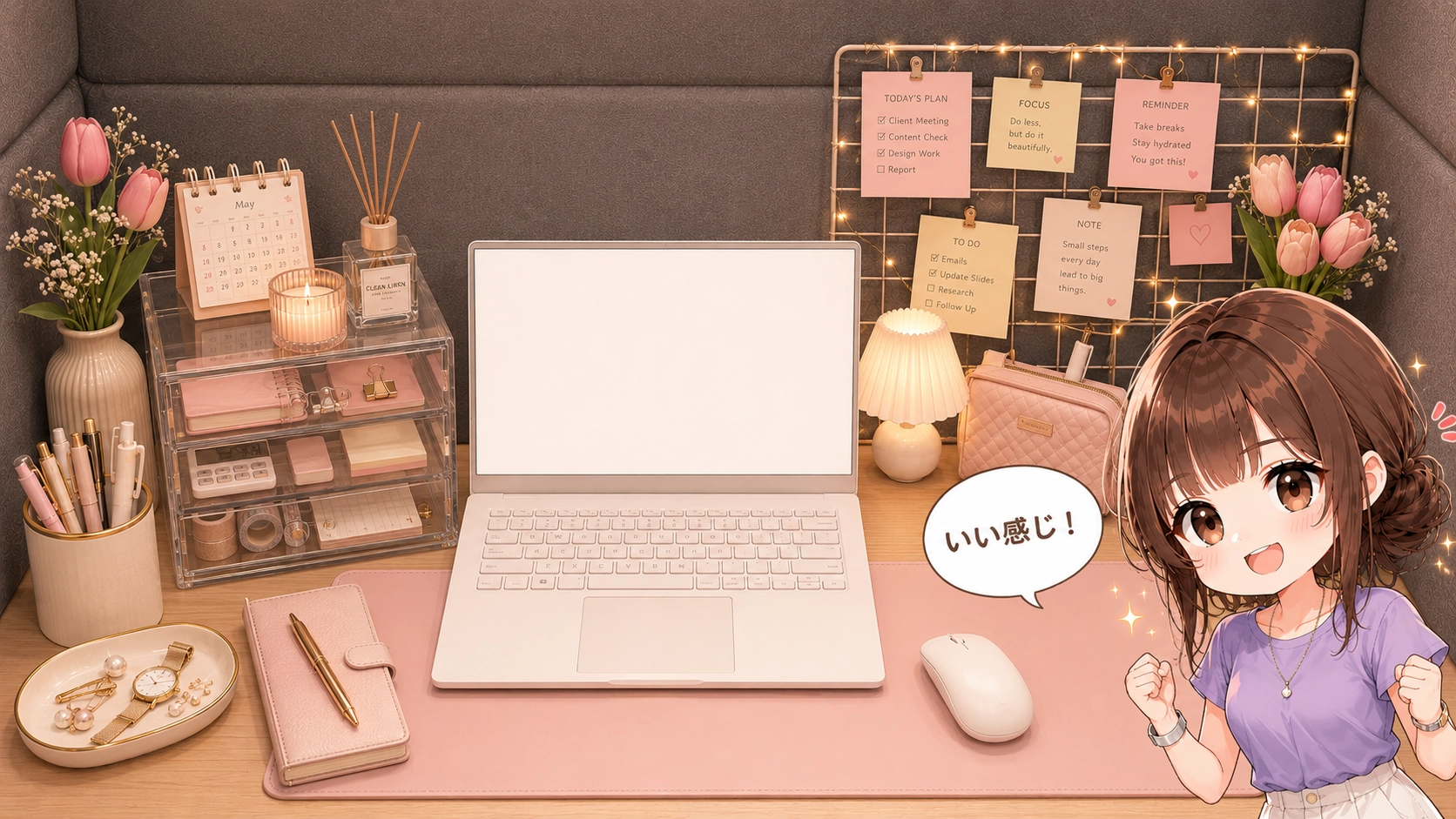 おしゃれに整えられたデスクと白いノートパソコンのそばで、ちびキャラのさくらこが「いい感じ!」と話しているイラスト。