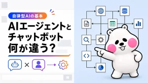 ミフオが右側でネットワーク図を指差すポーズで、AIエージェントとチャットボットの違いを解説するアイキャッチイラスト。