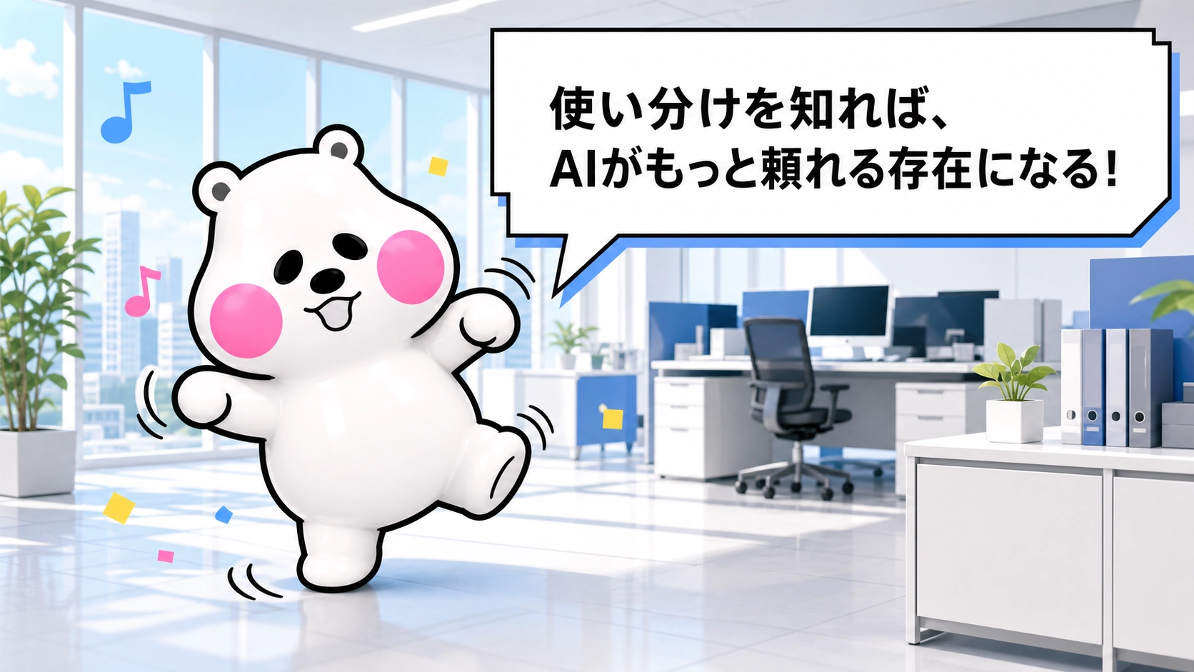 ミフオが軽快なダンスポーズで「使い分けを知れば、AIがもっと頼れる存在になる!」と吹き出しで呼びかけるまとめ用イラスト。