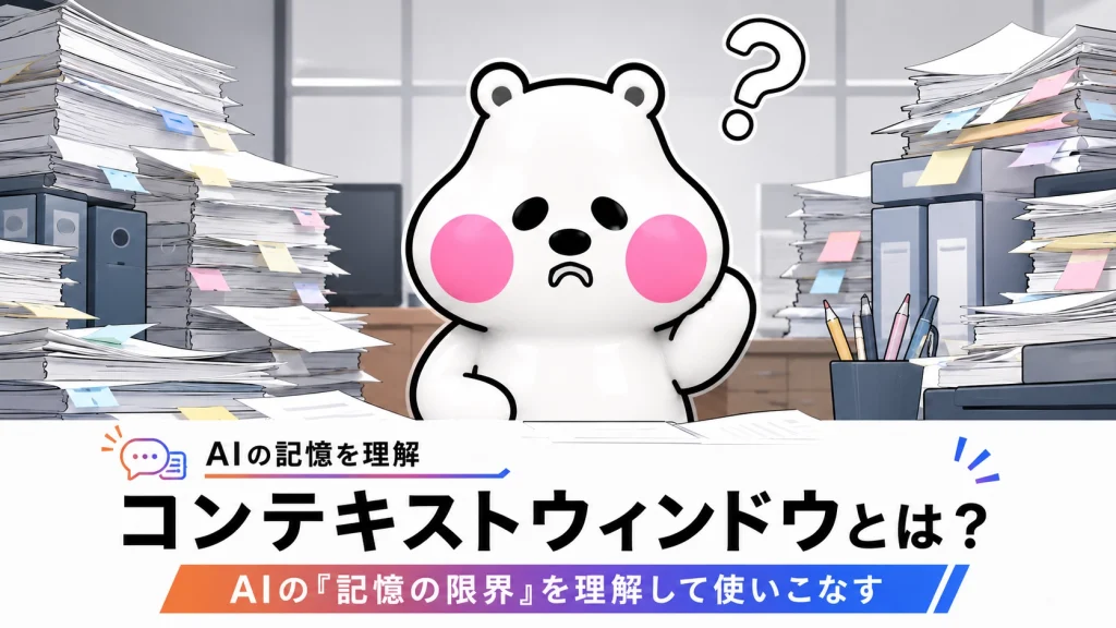 ミフオが上部中央にバストアップで登場するコンテキストウィンドウをテーマにしたアイキャッチイラスト。
