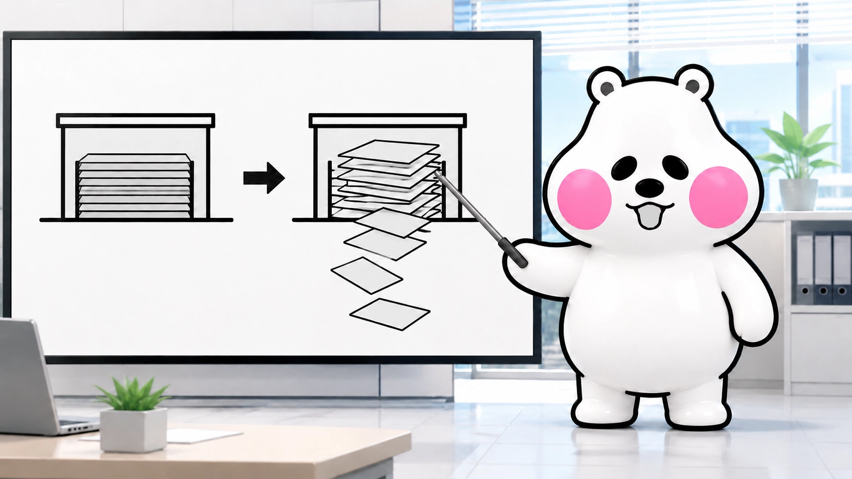 ミフオが講師モードでコンテキストウィンドウの作業机イメージを図解しているイラスト。