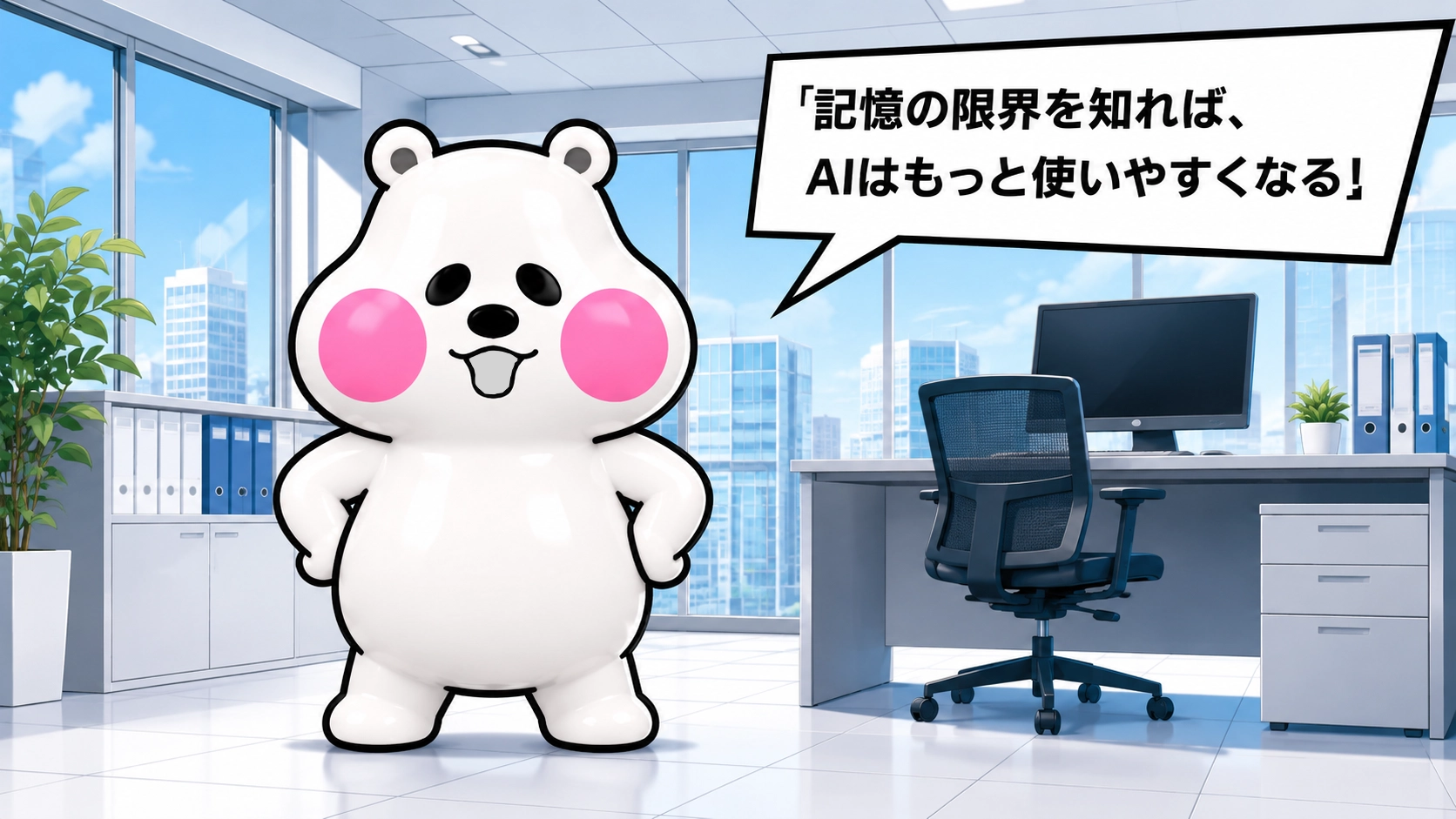 ミフオが正面を向いて両手を腰に当てた自信ポーズで「記憶の限界を知れば、AIはもっと使いやすくなる！」と呼びかけるまとめ用イラスト。