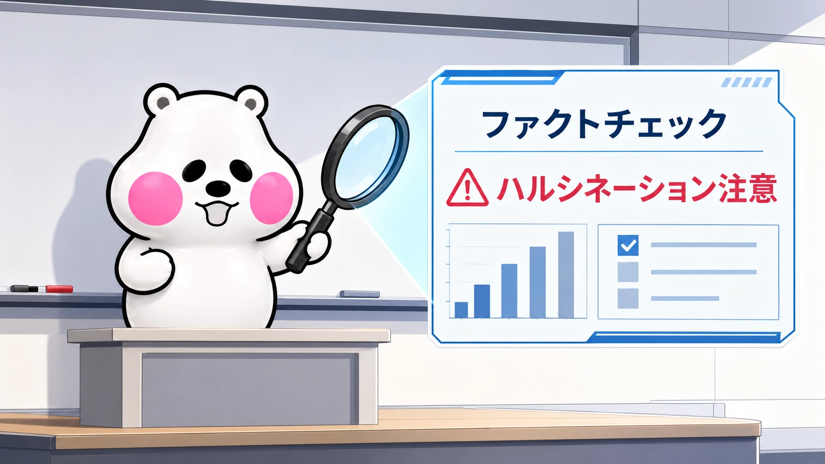 ミフオが教壇で虫眼鏡を持ちハルシネーションやファクトチェックを促す図