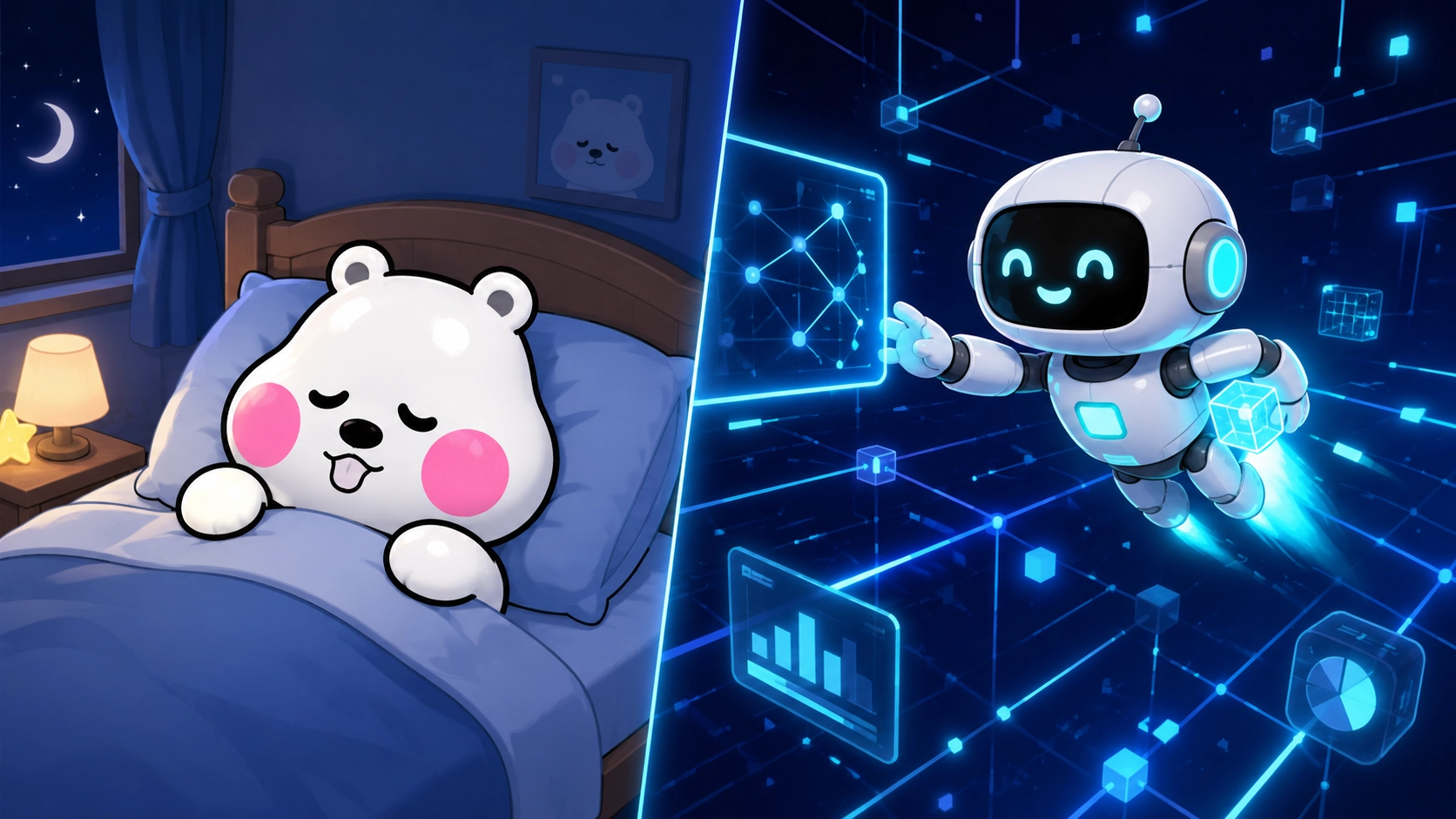 寝ている間にAIが夜間のうちにインターネット上を巡回・調査して翌朝にはニュースサマリーを届ける様子