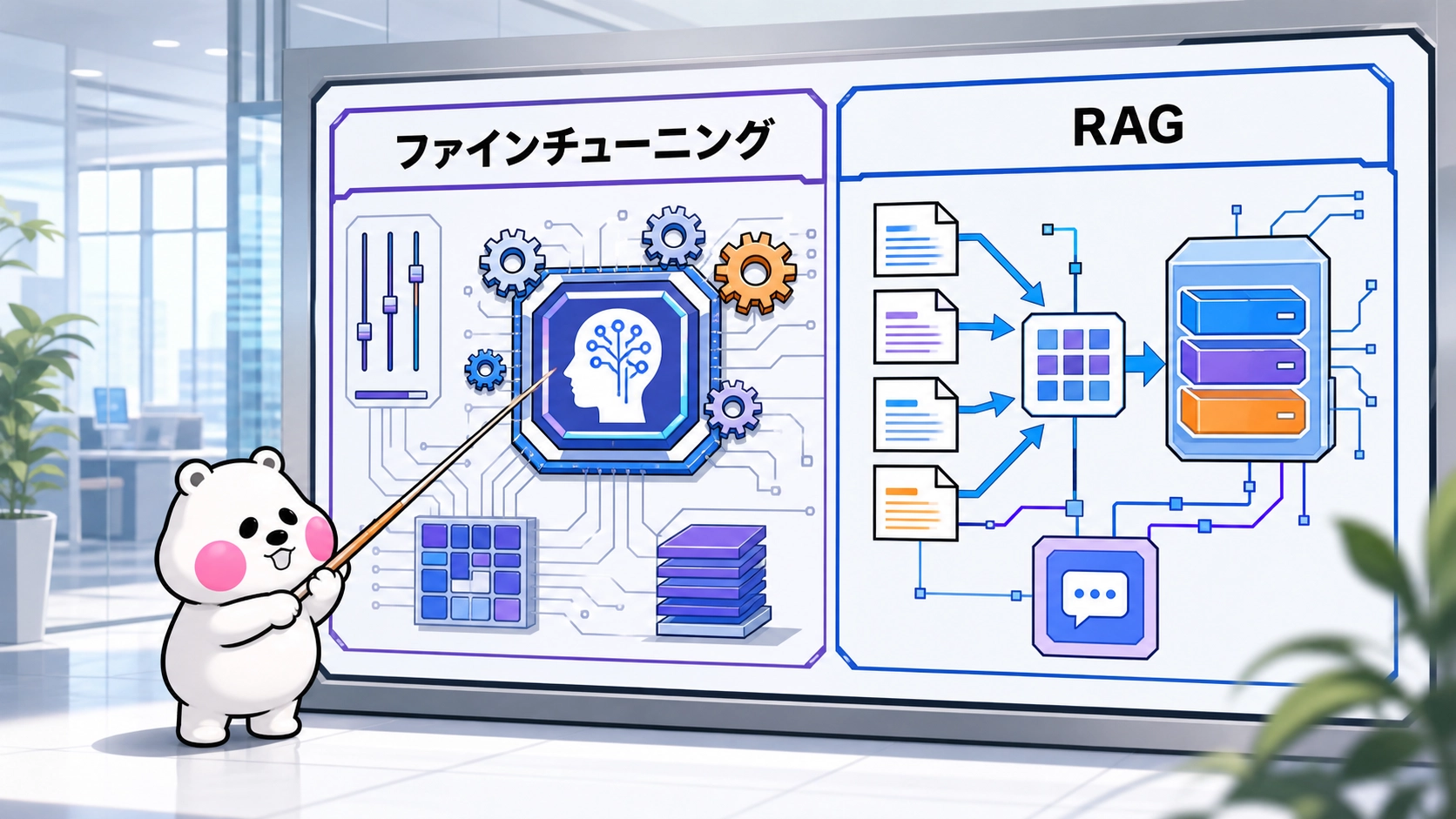ミフオが講師モードでファインチューニングとRAGの仕組みの違いを図解しているイラスト。