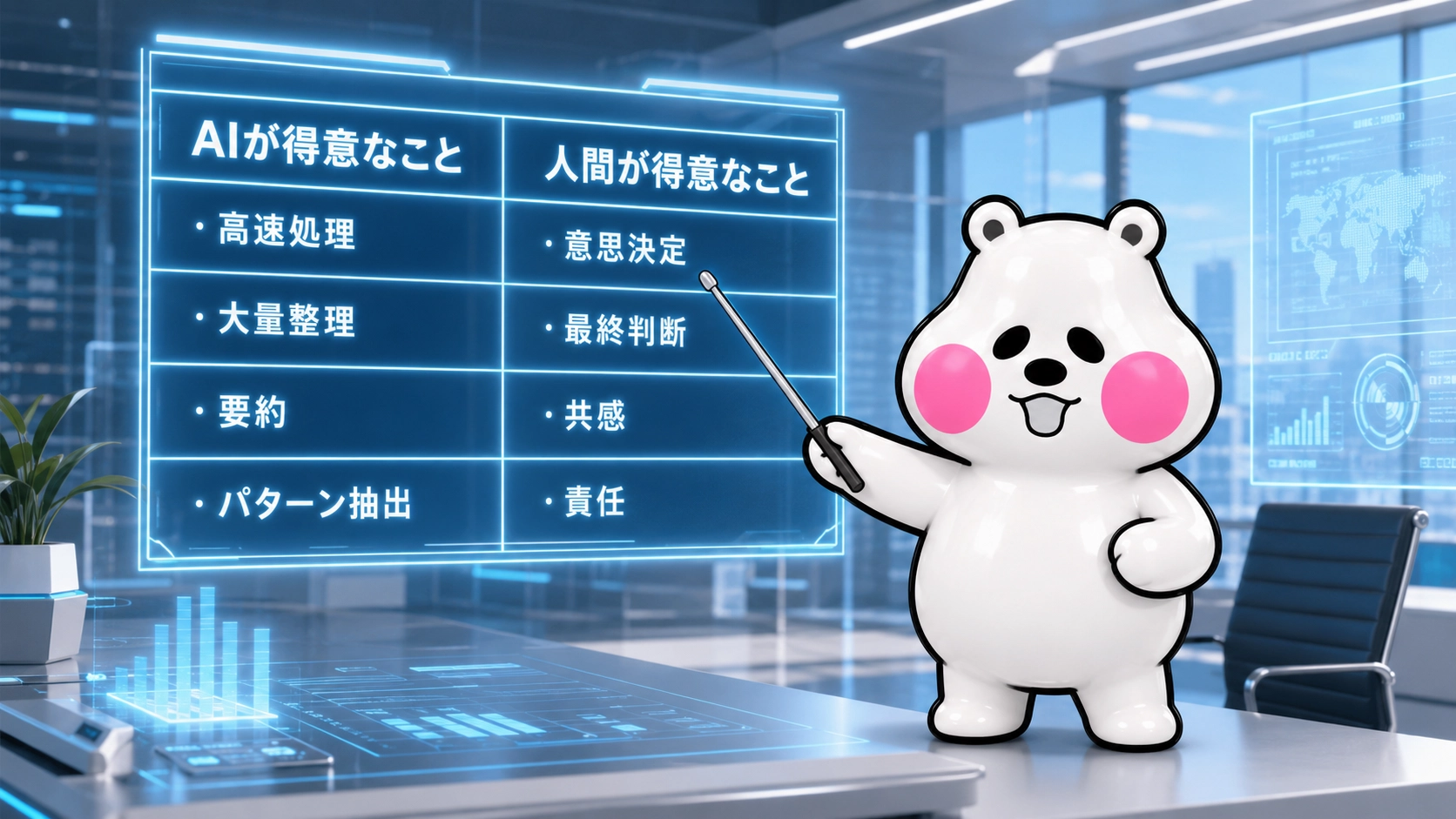 ミフオが講師モードでホログラムパネルを指し示し、AIが得意なことと人間が得意なことの違いを図解しているイラスト。