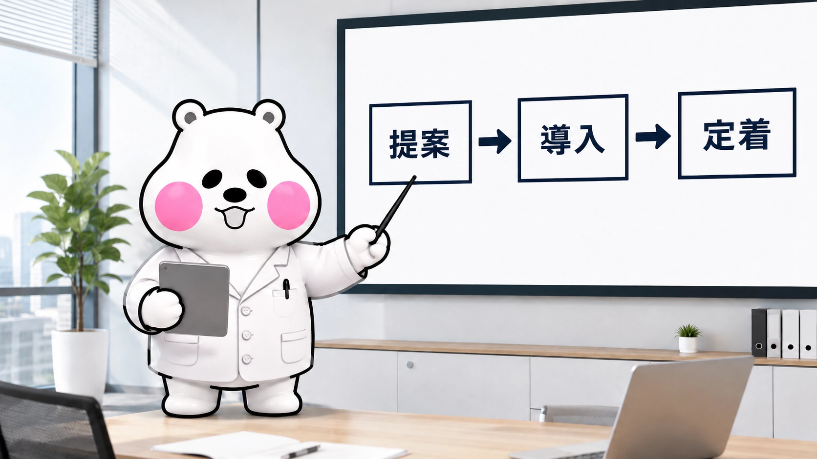 ミフオが講師モードで提案・導入・定着の3ステップを図解しているイラスト。