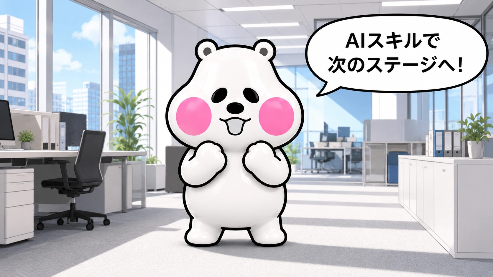 ミフオが胸の前で両手の肉球をグッと握り「AIスキルで次のステージへ！」と呼びかけるまとめ用イラスト。