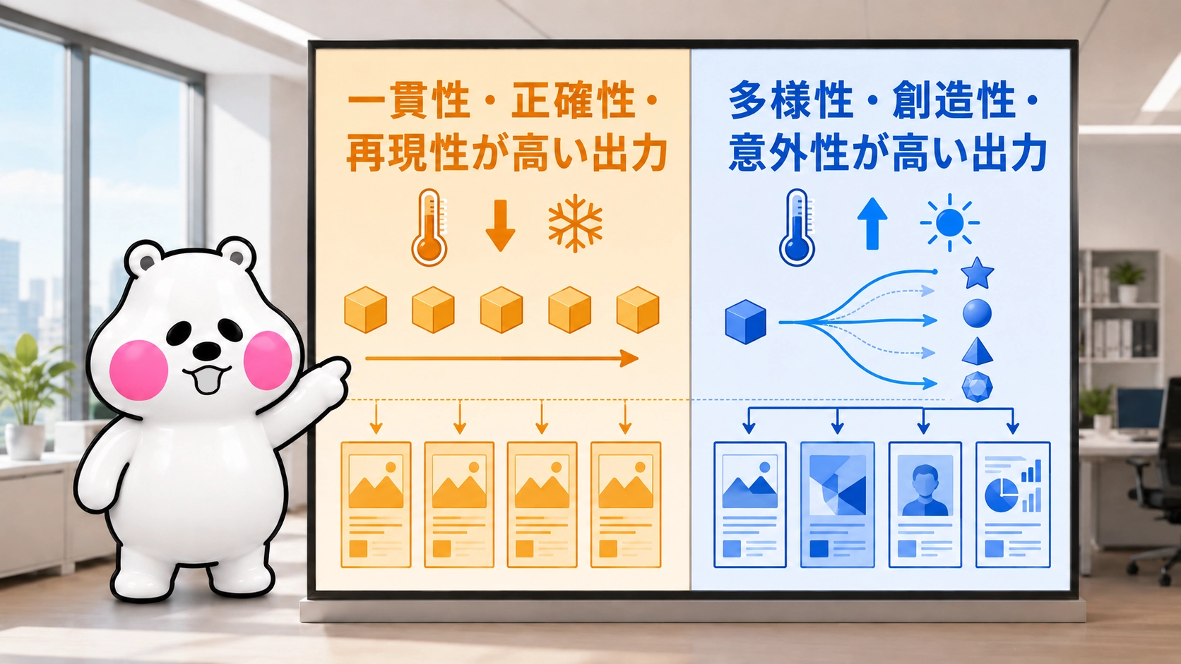 ミフオが講師モードで温度パラメータの低・高による出力の違いを図解しているイラスト。