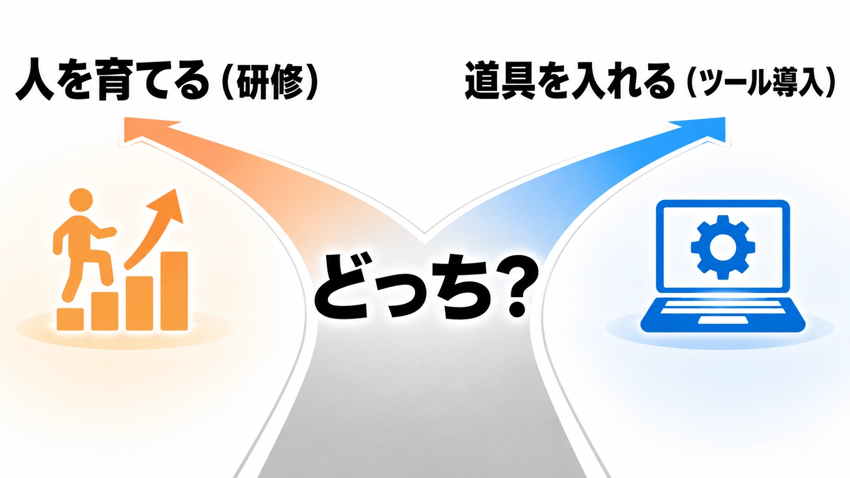 やりたいのは人を育てる研修か、道具を入れるツール導入か、という二択を示す分かれ道の図
