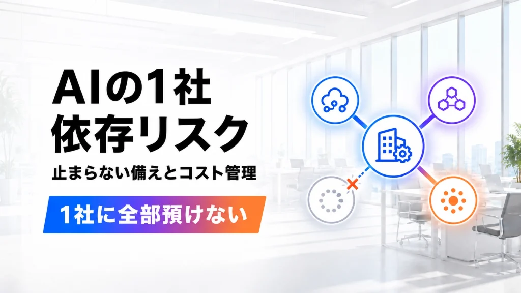 AIの1社依存リスクを伝えるアイキャッチ。自社の業務を中心に複数のAIへ分散してつながる構造を青紫オレンジのグラデーションで描き、「止まらない備えとコスト管理」「1社に全部預けない」と中小企業向けに示した画像。