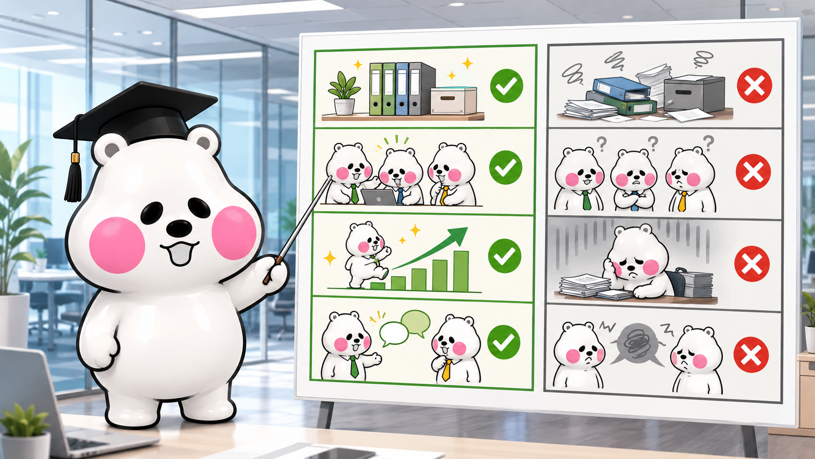 ミフオが講師モードで評価される職場とされない職場の違いを図解しているイラスト。