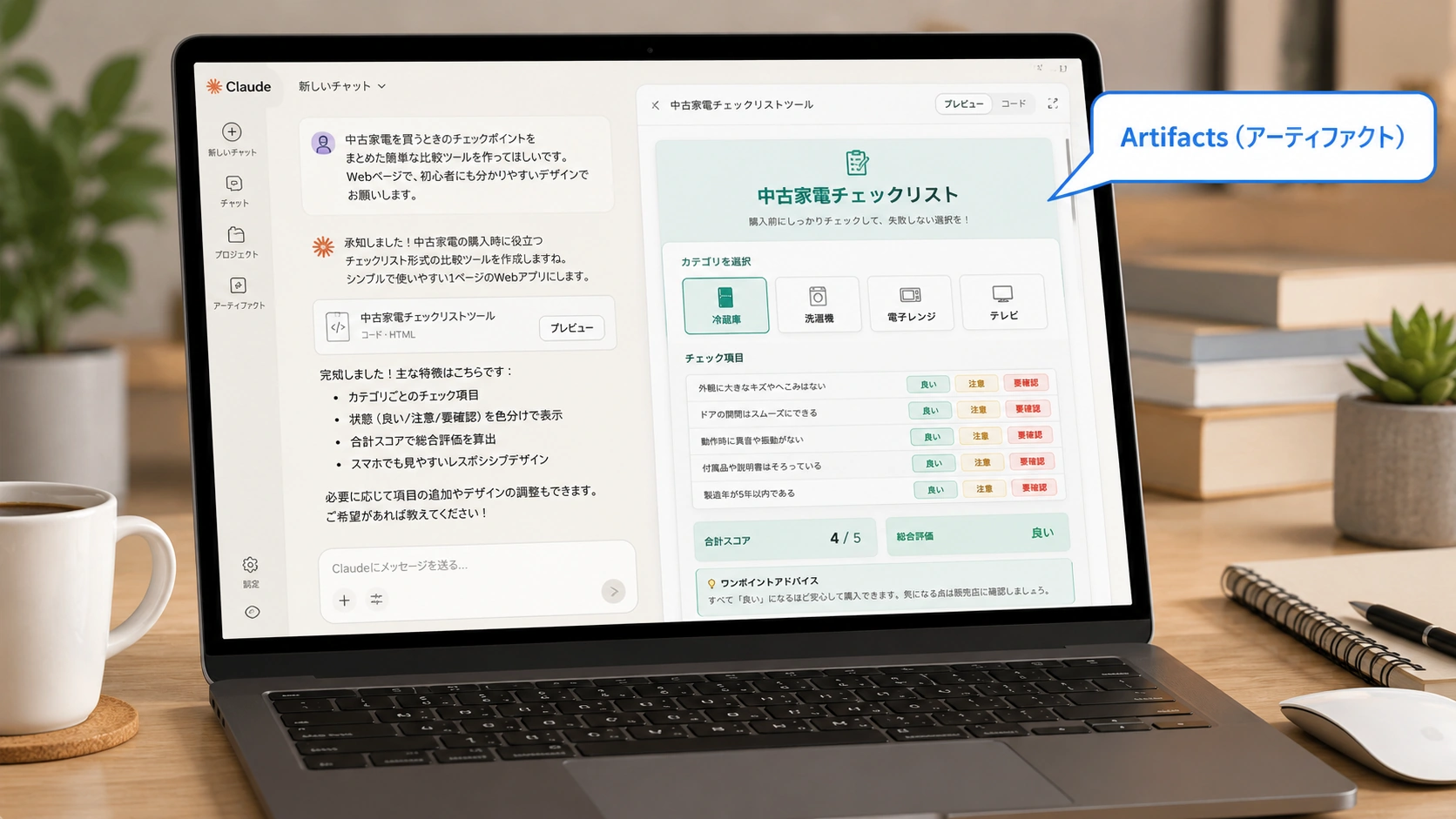 ノートパソコンの画面にClaudeとArtifactsが表示され、簡易ツールが作成されている様子のイラスト。