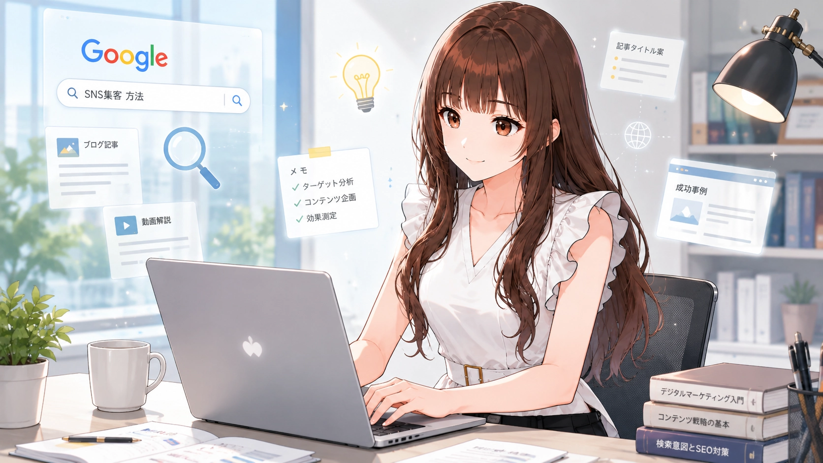 さくらこがパソコンで検索や記事作成の情報を整理し、SEO対策について考えているイラスト。