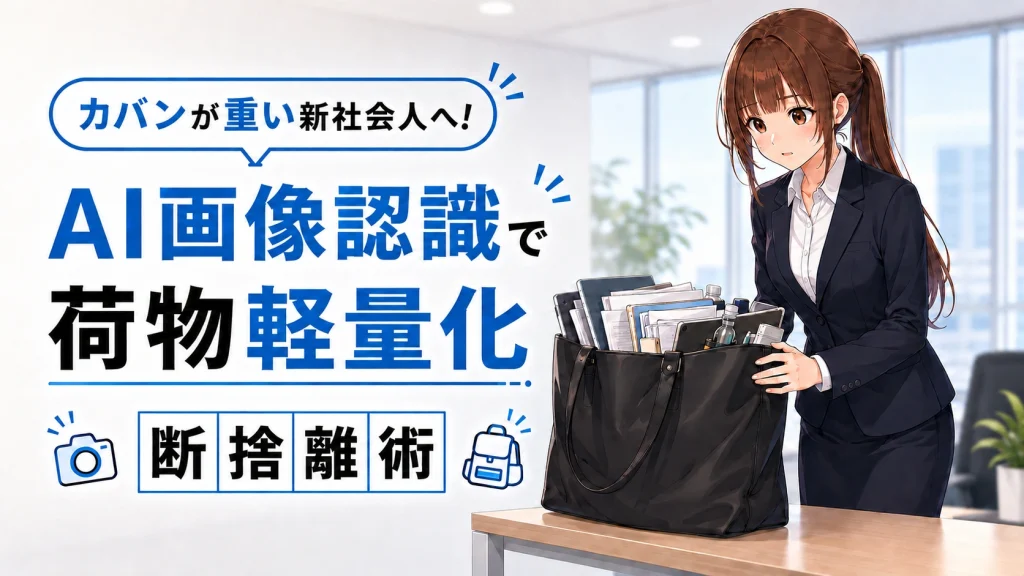 新社会人のパンパンに膨らんだカバンを前に、困り顔のさくらこ