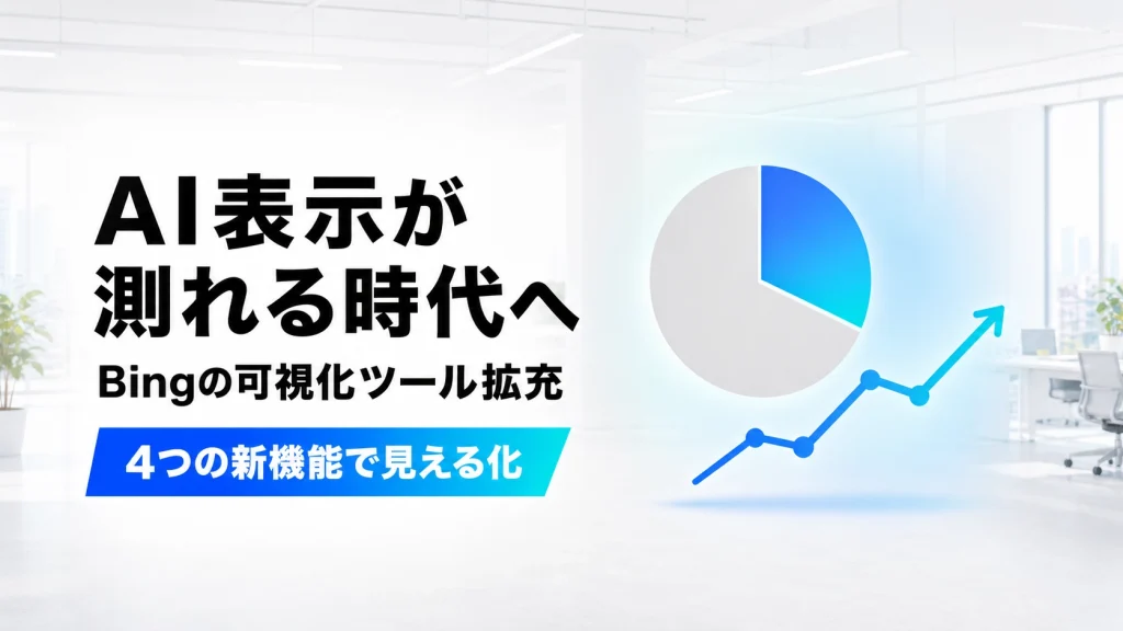 一部が青く塗られた円グラフと右上がりの折れ線グラフのダッシュボード、AI表示が測れる時代へ、Bingの可視化ツール拡充、4つの新機能で見える化という見出しが配置された、明るいオフィス背景のイラスト