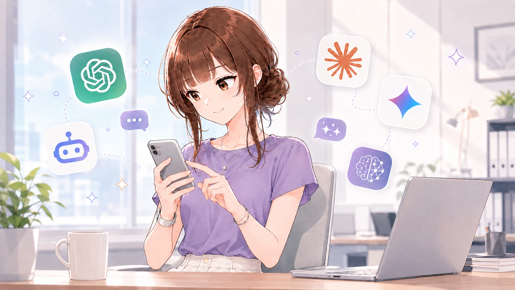 さくらこがスマートフォンを見ながら、ChatGPTやClaude、GeminiなどのAIアイコンに囲まれているイラスト。