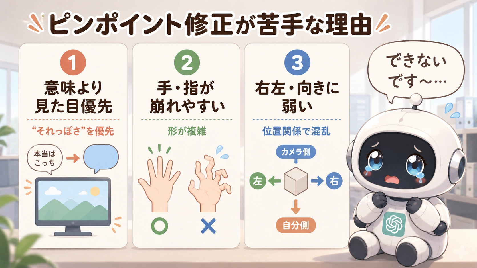 AI画像生成がピンポイント修正を苦手とする理由として、見た目優先、手や指の崩れ、左右や向きの混乱を説明する図解。