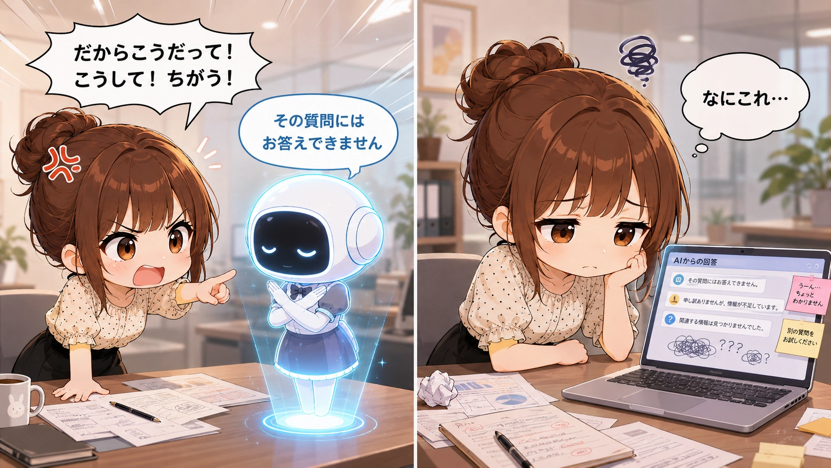 さくらこが感情的にAIへ指示を出した結果、AIが答えられず、うまく回答が得られない様子を表した2分割イラスト。
