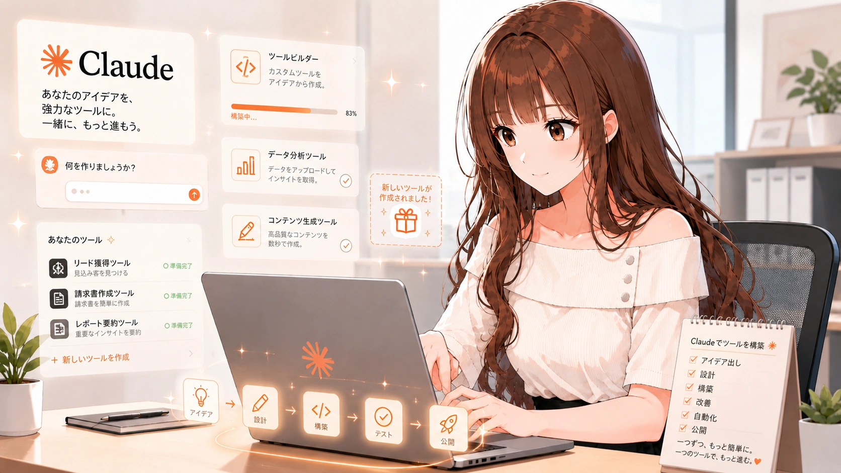 Claudeを使って簡易ツールを作成しているさくらこのイラスト。