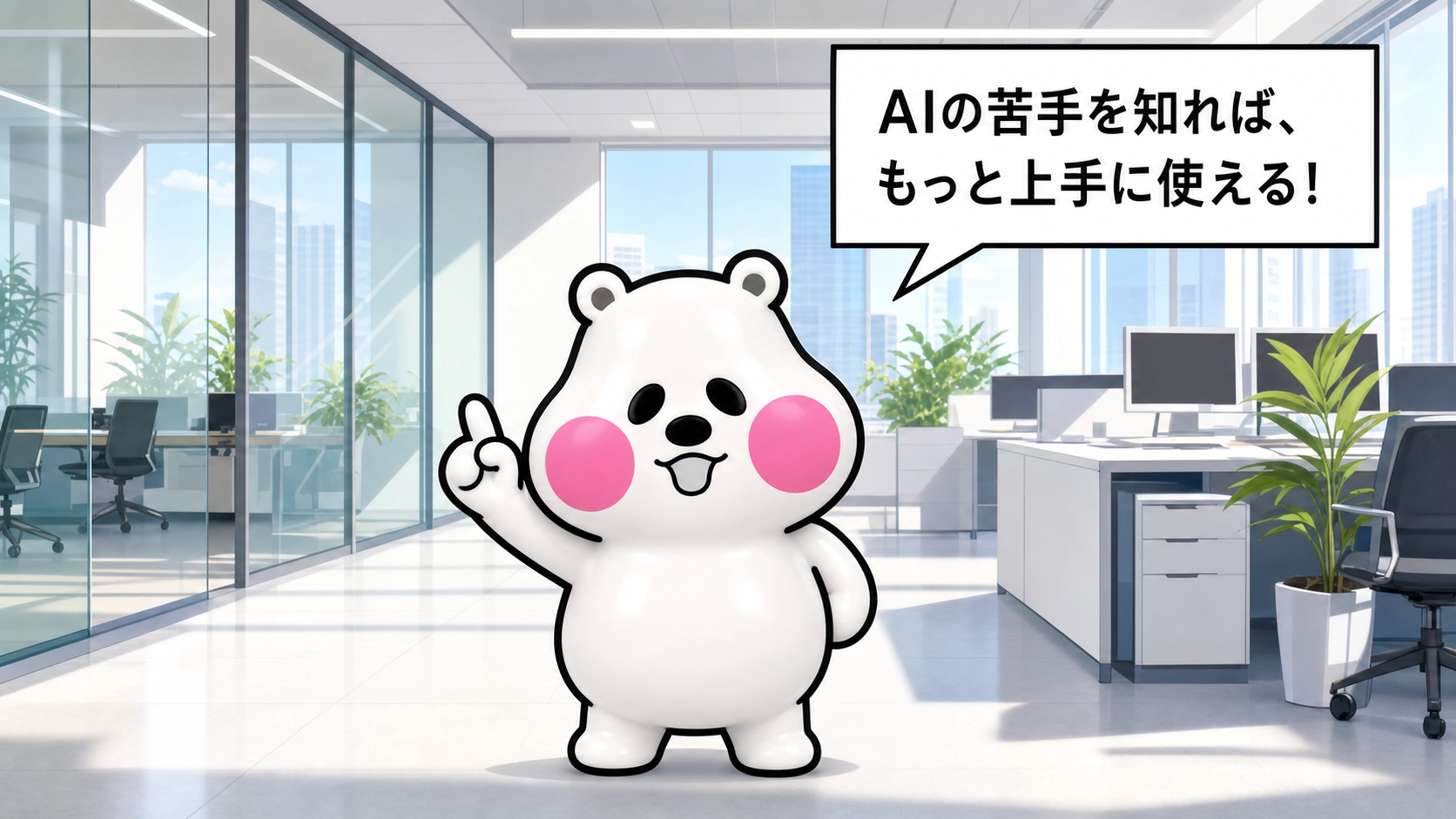 ミフオが人差し指を立てて「苦手を知れば、もっと上手に使える！」と呼びかけるまとめ用イラスト。