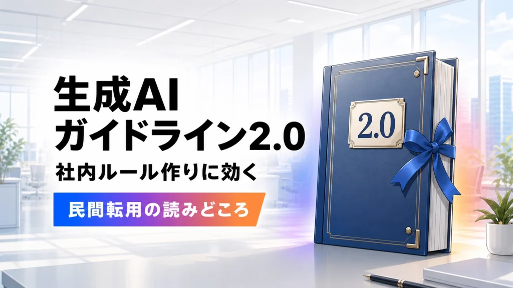 青いリボンと「2.0」のバッジが付いた重厚なネイビーのバインダーが、明るいモダンオフィスに置かれている様子を描いたイラスト。生成AIガイドライン2.0と社内ルール作りに効くという見出しが添えられている