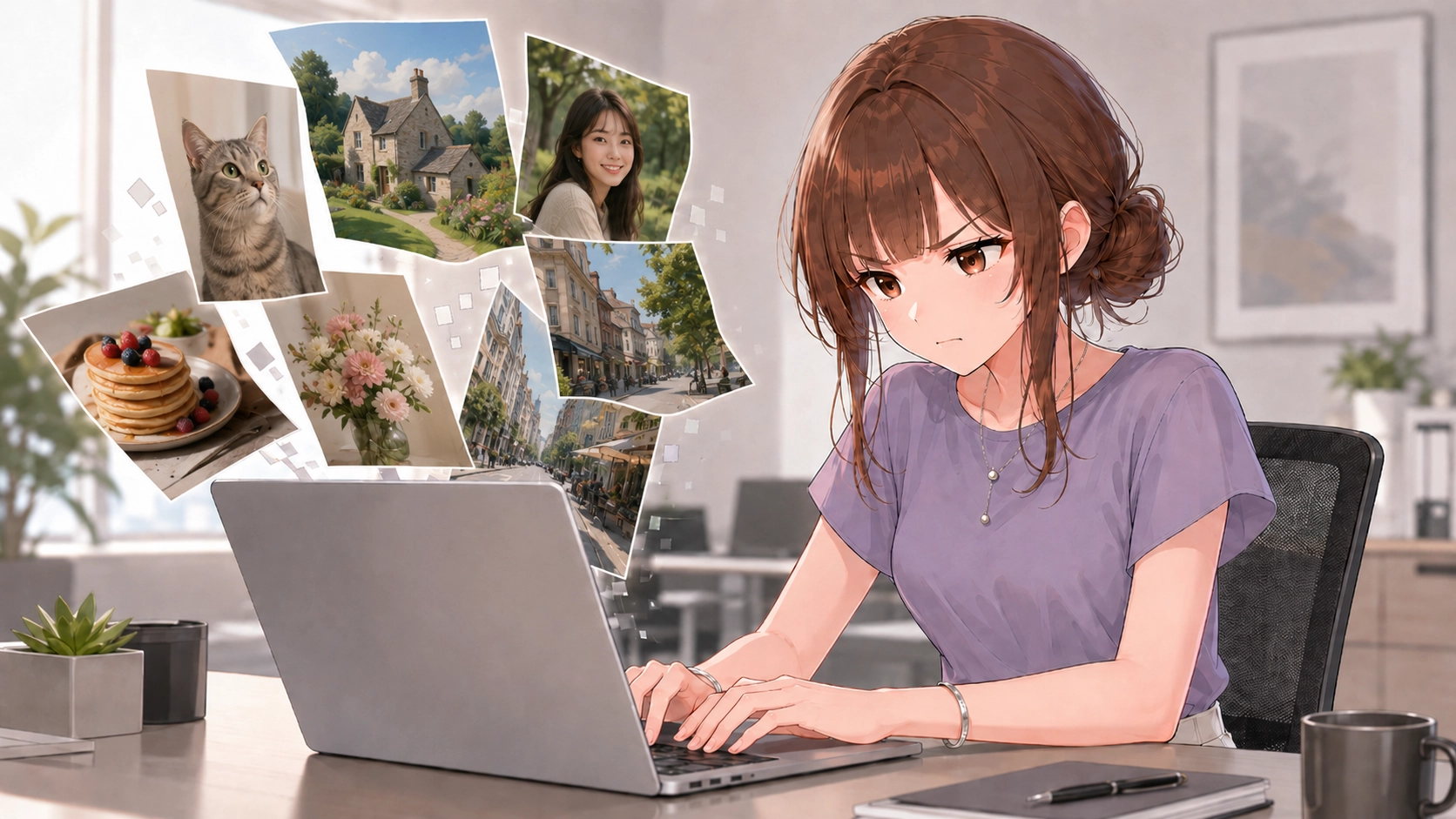 さくらこがパソコンで画像生成の修正を試しながら、思い通りに直らず困っているイラスト。