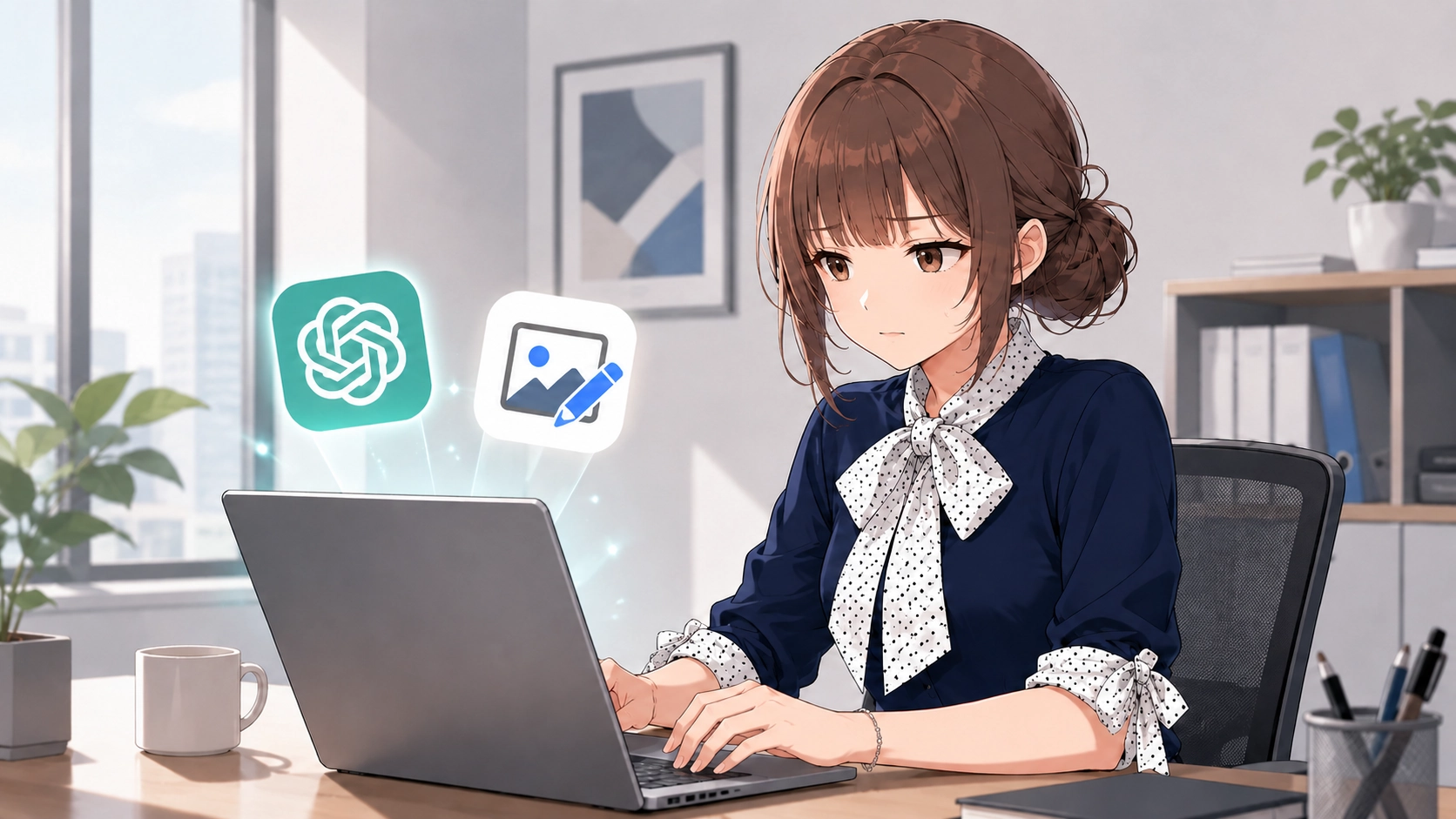さくらこがパソコンでChatGPTと画像修正機能を使い、真剣な表情で作業しているオフィスのイラスト。
