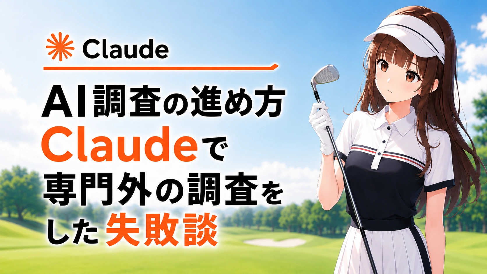 「AI調査の進め方 Claudeで専門外の調査をした失敗談」という見出しと、ゴルフクラブを持つさくらこのイラスト