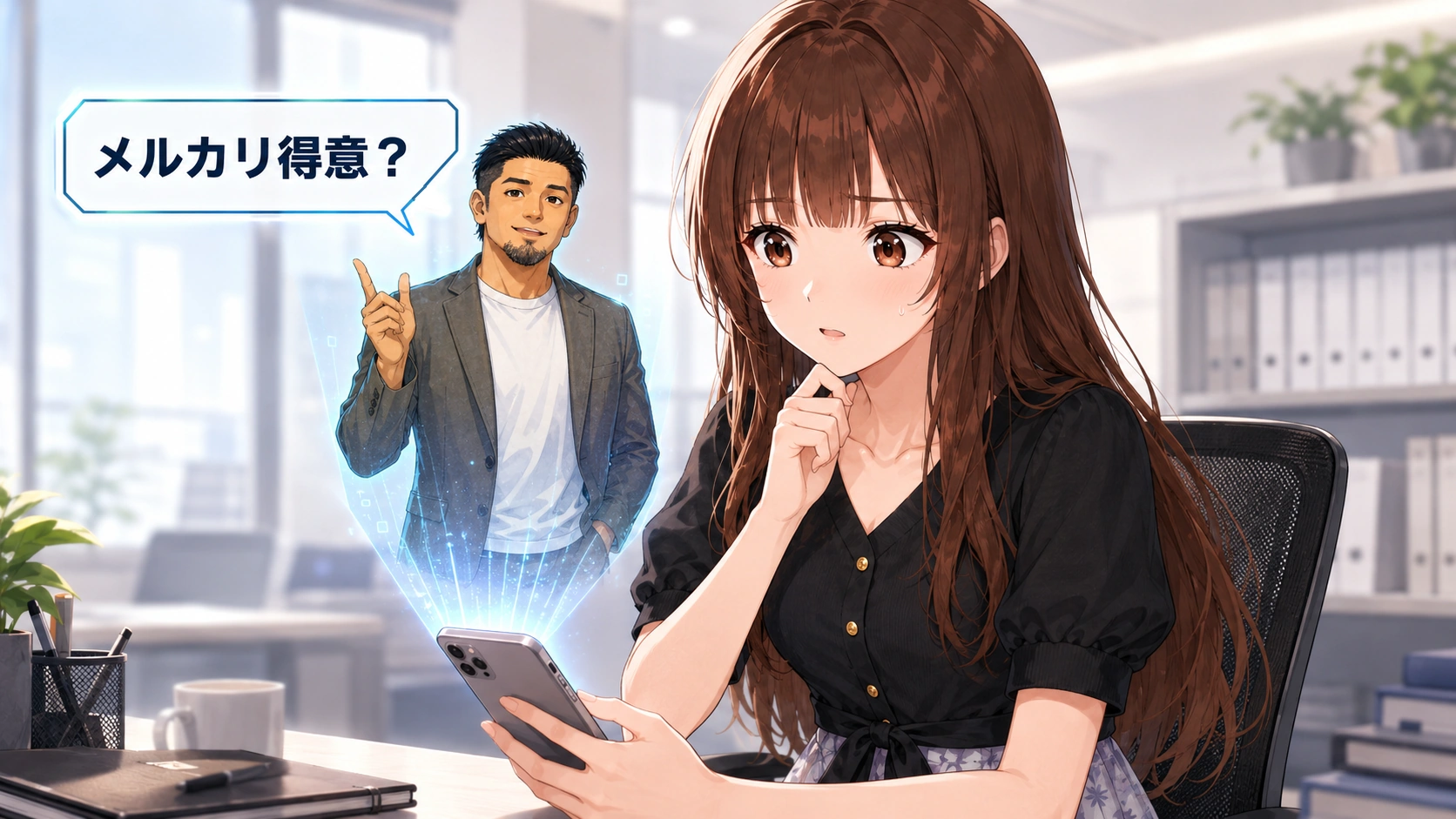 スマートフォンを持つさくらこに、社長が「メルカリ得意？」と尋ねているオフィスのイラスト