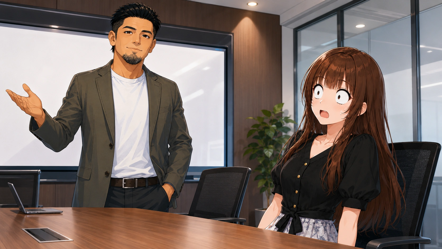 会議室で説明する社長と、予想外の話に驚いた表情を見せるさくらこのイラスト