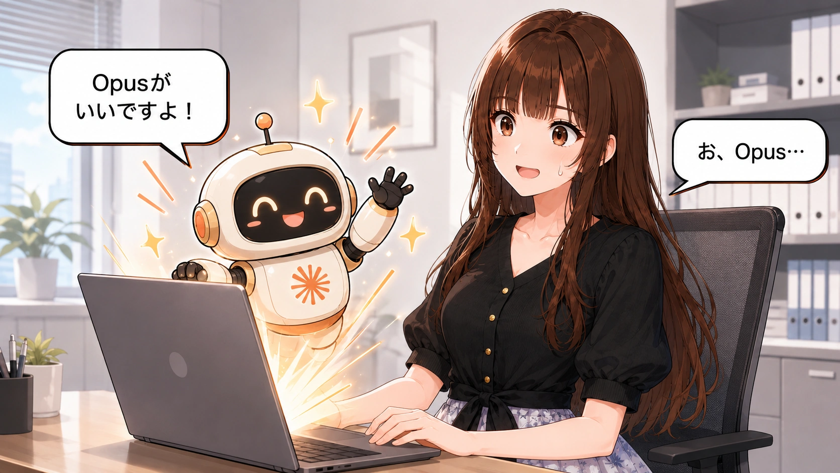 パソコンを操作するさくらこに、AIロボットが「Opusがいいですよ！」と提案しているイラスト