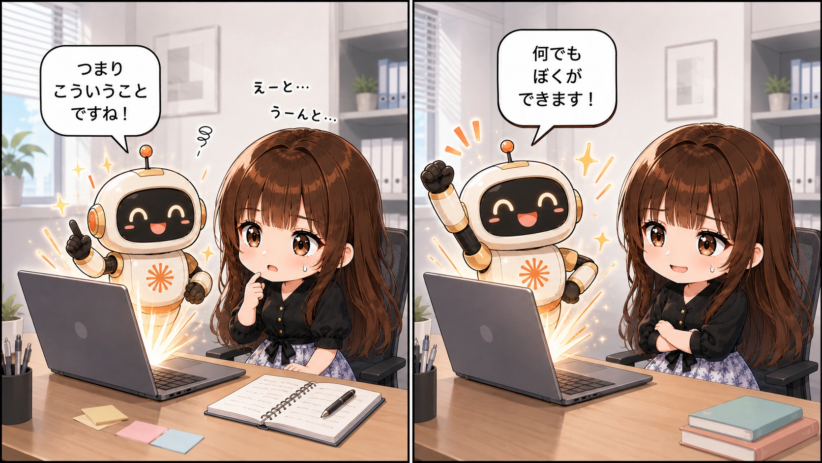 AIロボットが「つまりこういうことですね！」「何でもぼくができます！」と説明し、さくらこが戸惑う2コマのイラスト