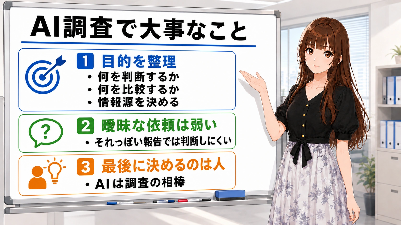 さくらこが「目的を整理」「曖昧な依頼は弱い」「最後に決めるのは人」というAI調査の3つのポイントを説明しているイラスト