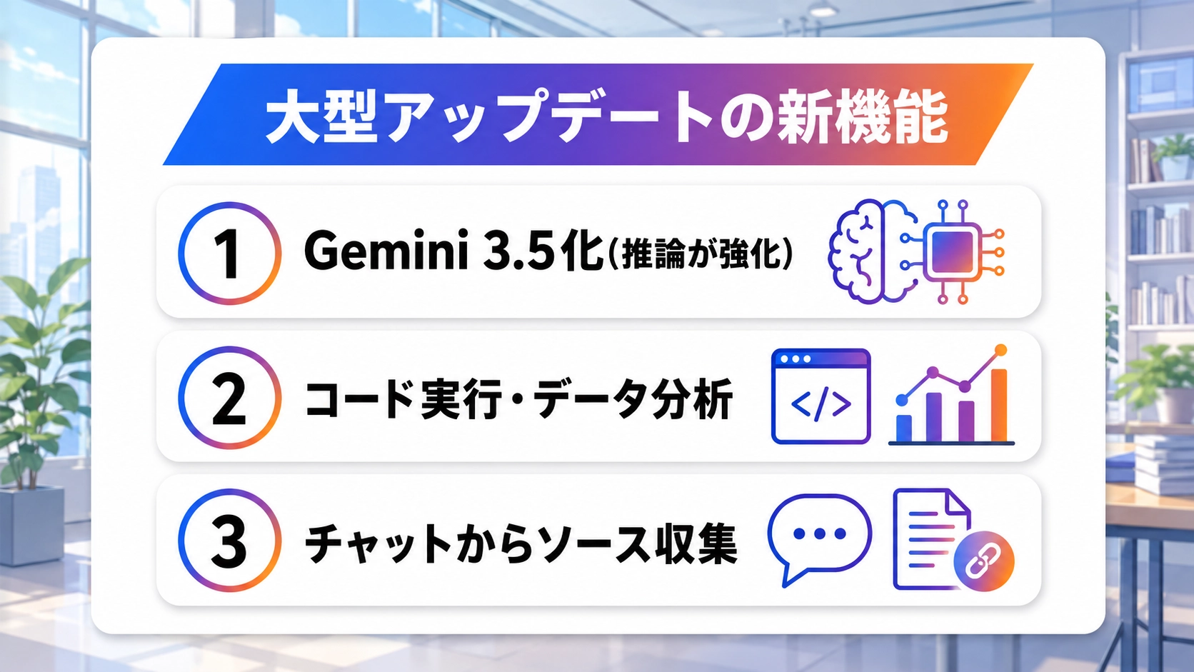 NotebookLMの今回の更新で加わった3つの新機能を示す図