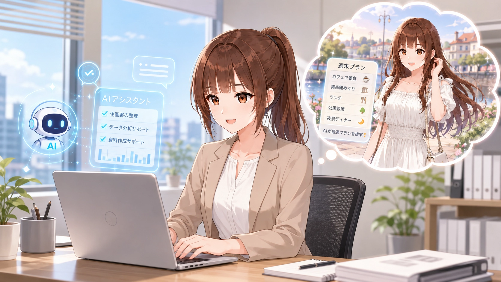AIで作った計画をもとに、ストレスなく旅行を楽しむ人たちの笑顔のイメージ