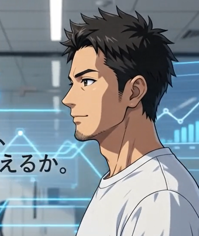 短髪の男性キャラクターが横を向いているプロフィール風のイラスト。