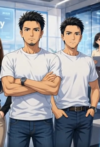 白いTシャツを着た男性キャラクター2人が、オフィス風の背景で立っているイラスト。