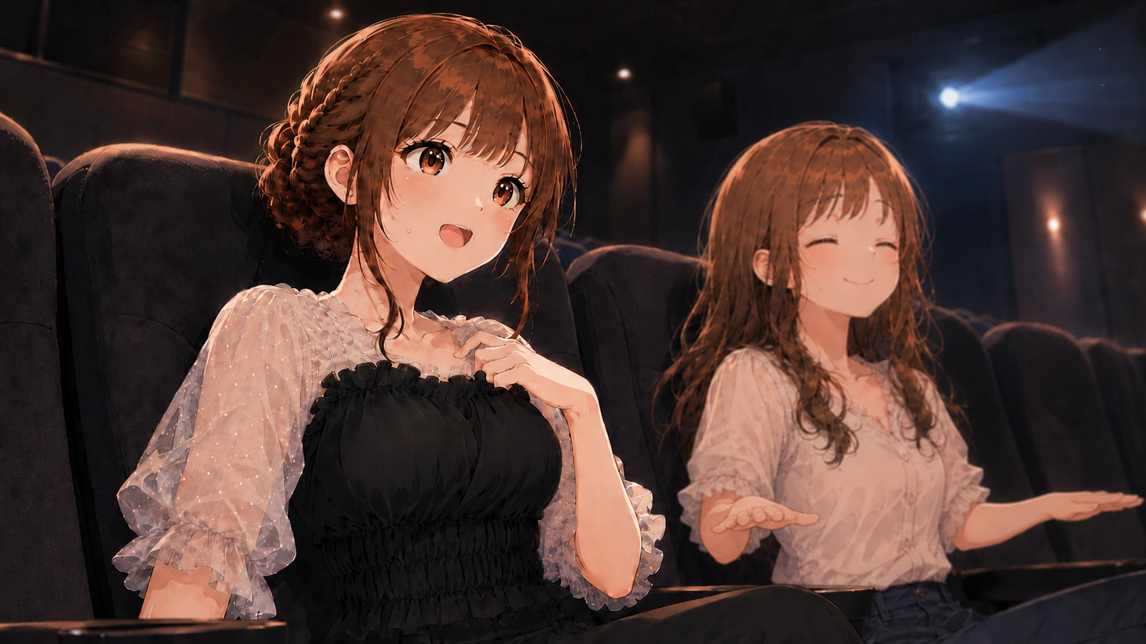 上映開始後の映画館で、無事に映画を見ながら安心した表情を浮かべるさくらこと友人