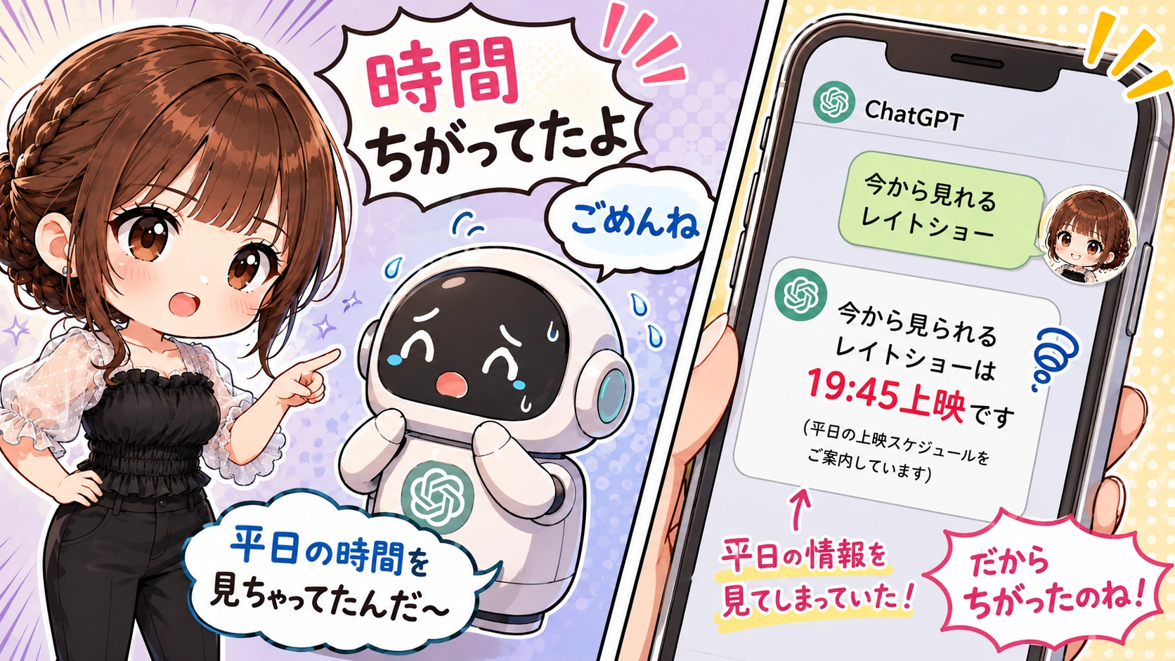 ChatGPTが平日の上映スケジュールを案内してしまい、土日の上映時間と違っていた原因をイラストで解説した図。