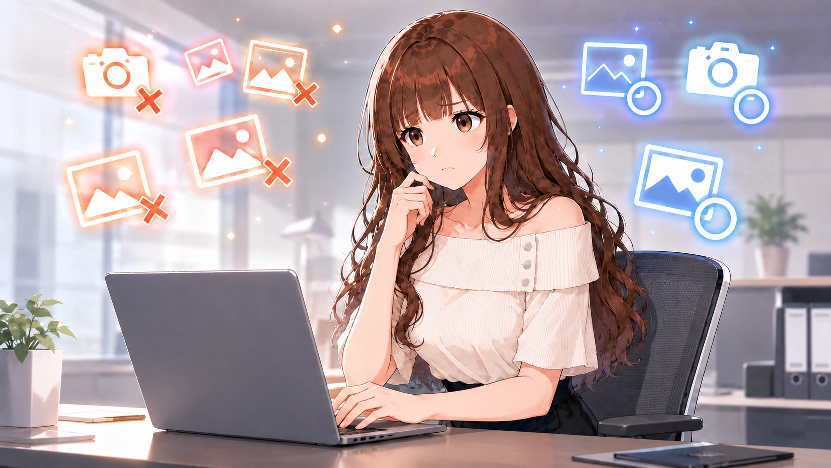 Claudeで画像生成できるのか迷い、写真やイラストの生成と図解作成の違いを考えているさくらこのイラスト。