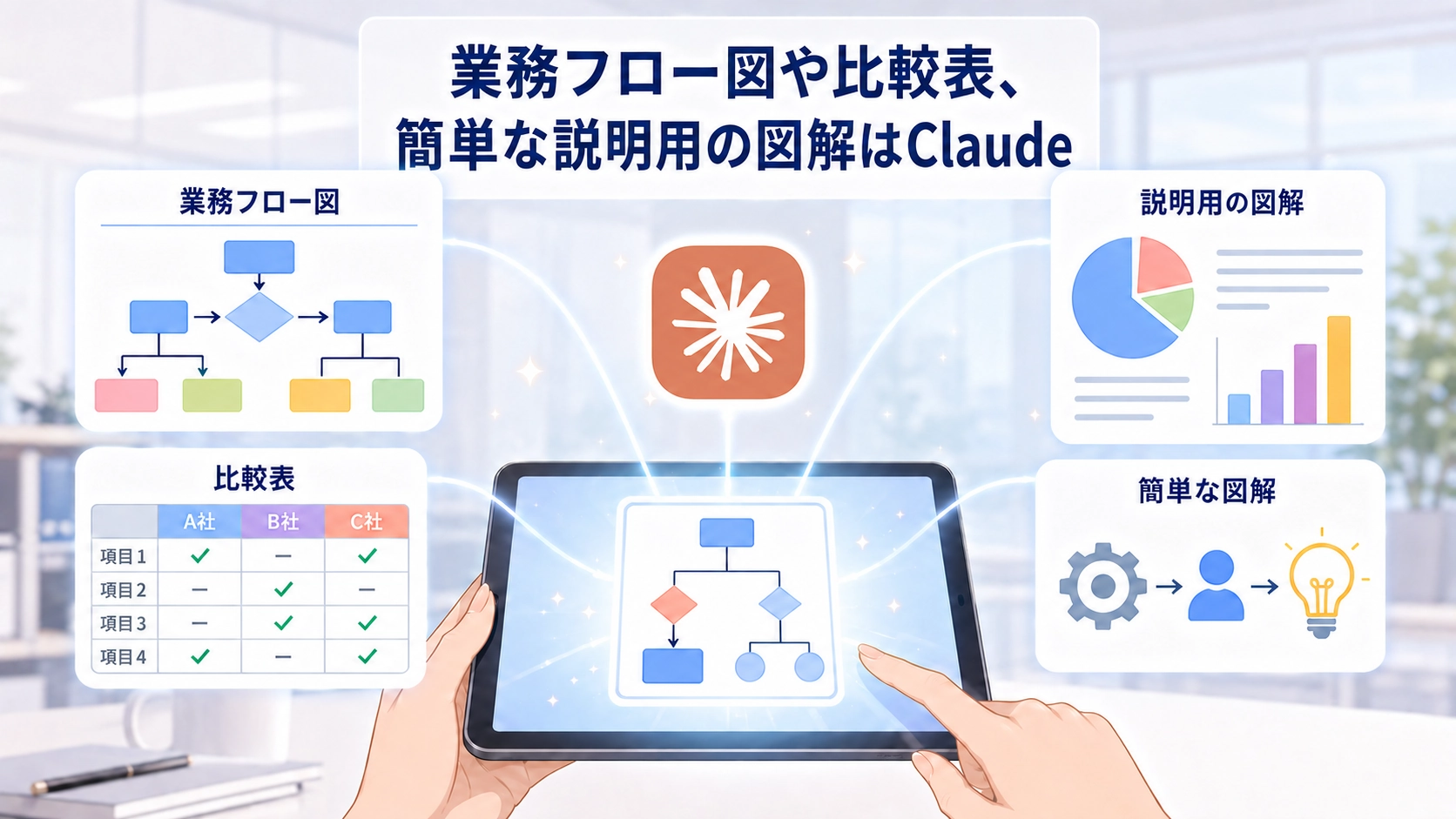Claudeに向いている活用例として、業務フロー図、比較表、説明用の図解、簡単な図解を紹介する画像。