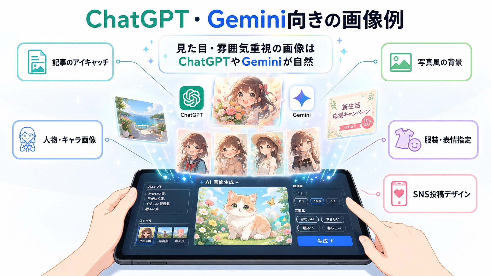 ChatGPTやGeminiに向いている画像例として、記事のアイキャッチ、人物・キャラ画像、写真風背景、服装や表情指定、SNS投稿デザインを紹介する図解。