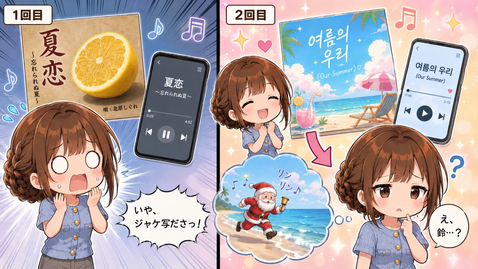 Geminiの音楽生成を2回試した結果を比較するイラスト