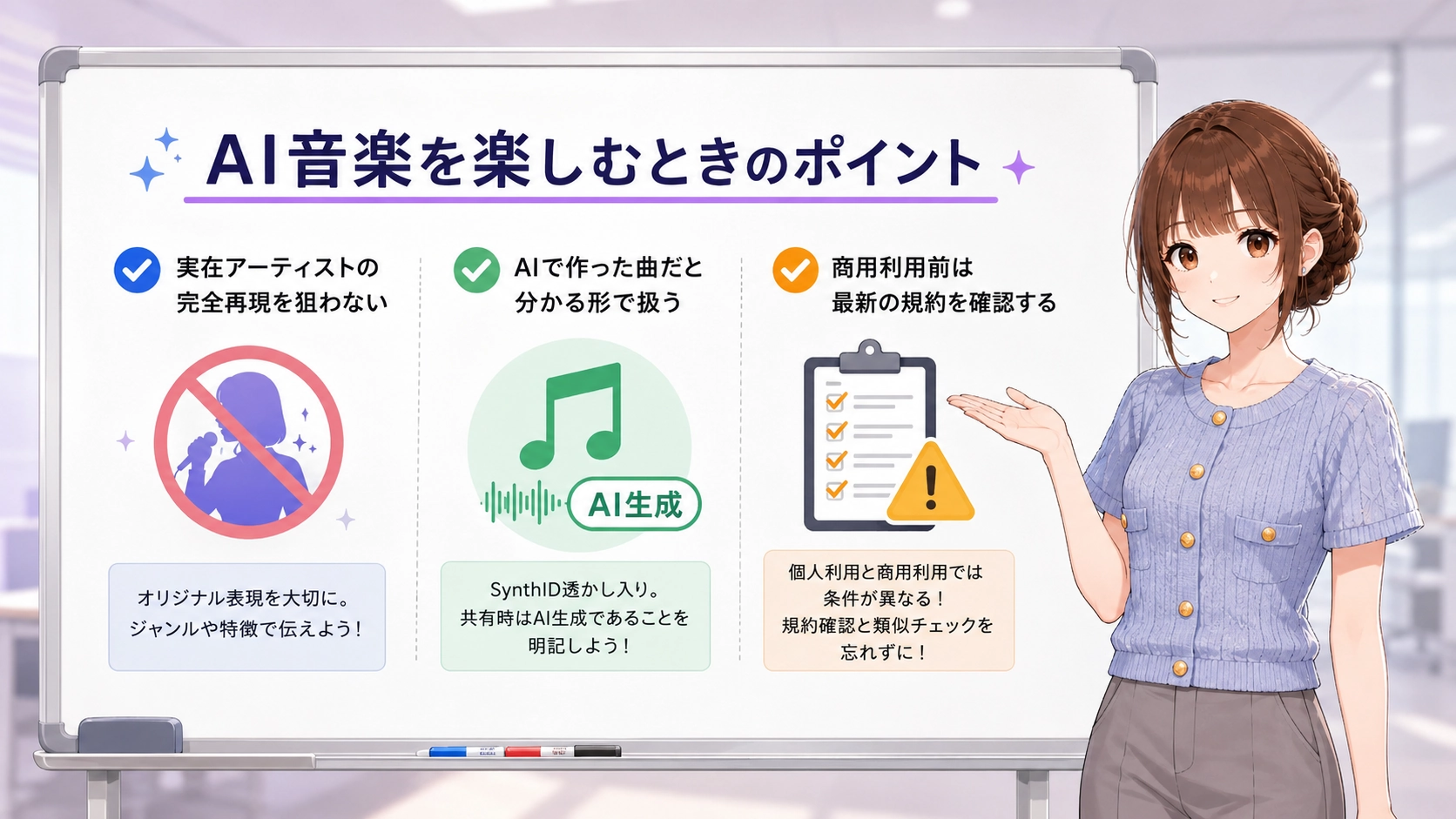 AI音楽生成を楽しむ際の注意点をホワイトボードで解説するさくらこ
