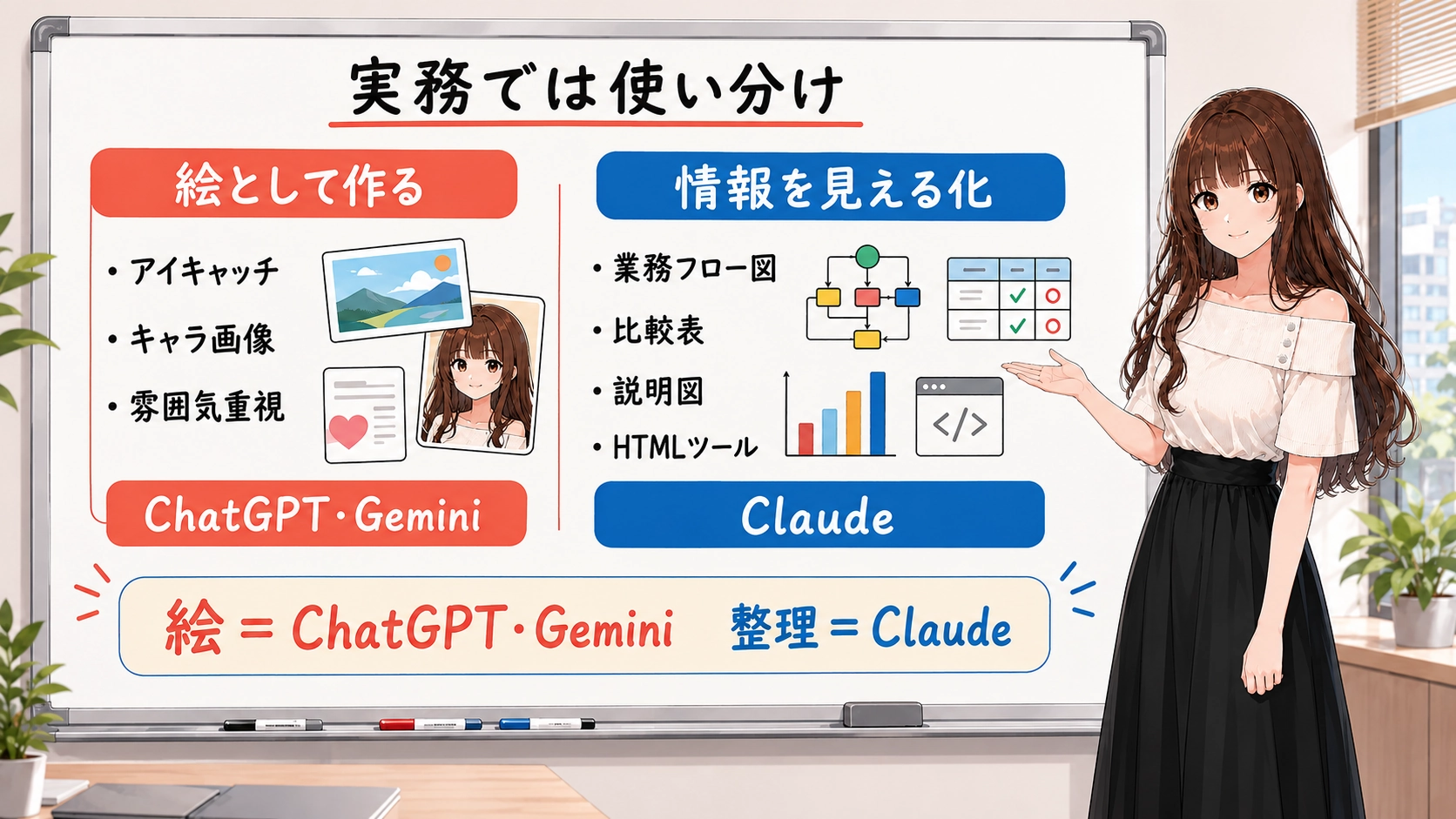 実務では、絵として作る画像はChatGPTやGemini、情報を見える化する図解はClaudeと使い分けることを説明するホワイトボード画像。