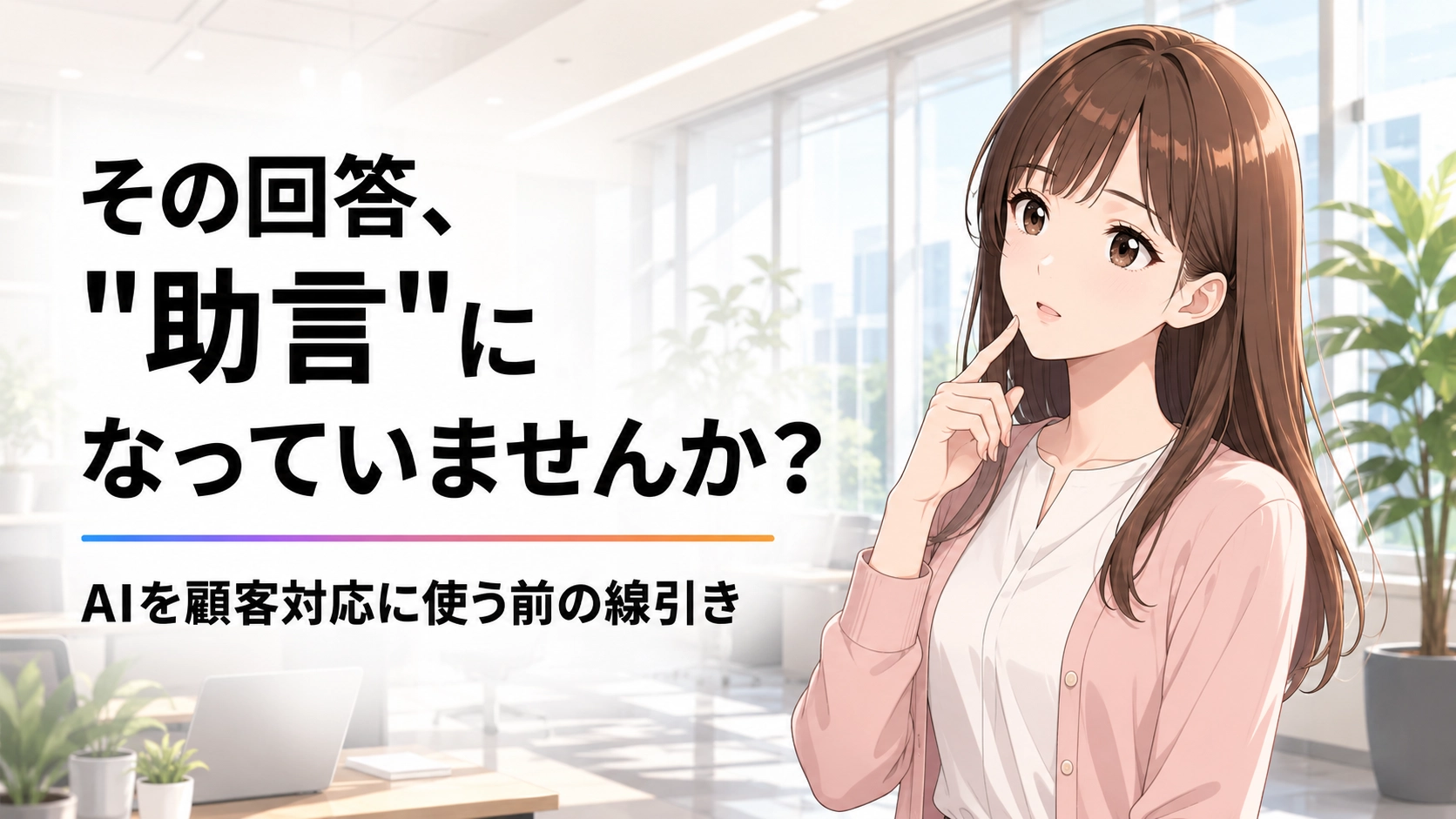 AIの回答を顧客への助言に使う前の線引きを解説するアイキャッチ。若手編集さくらこが考える様子と記事タイトルを配置した画像。