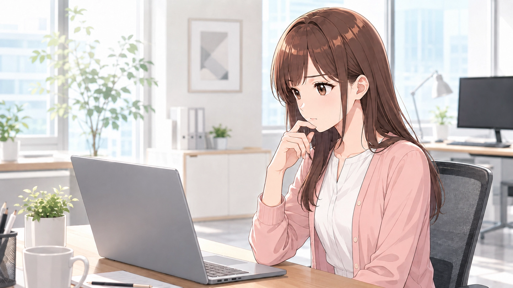 デスクでノートPCの顧客対応画面を見つめ、この回答をそのまま出していいか考え込む若手編集さくらこのイメージ。